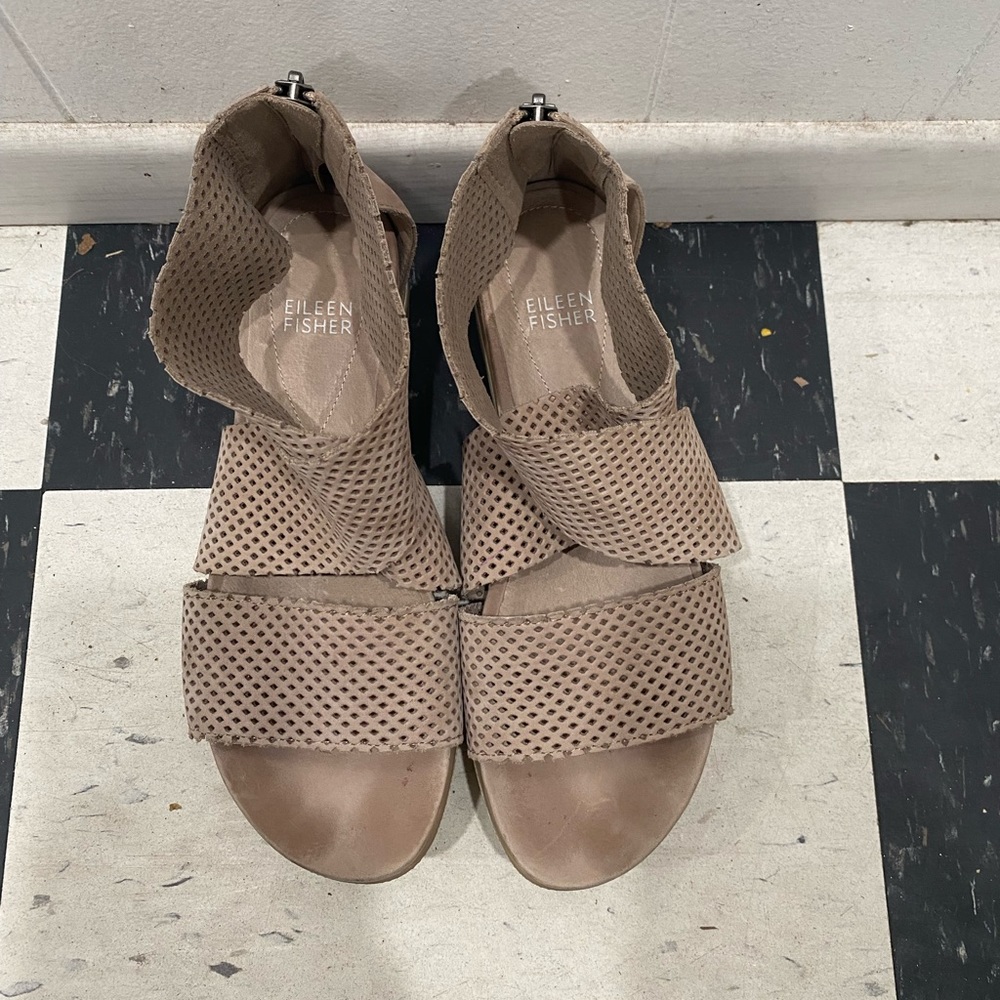 Eileen Fisher Taupe Perforated Leather Sandals
